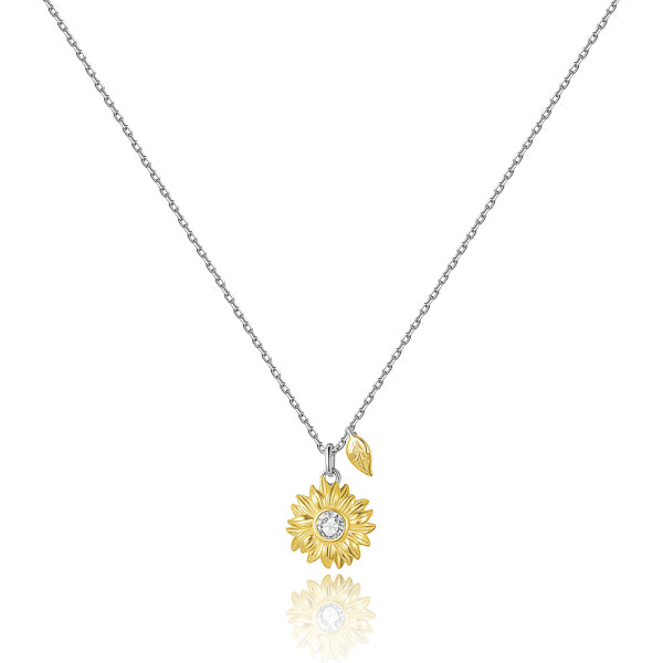 Gold sunflower and leaf pendant on a silver necklace