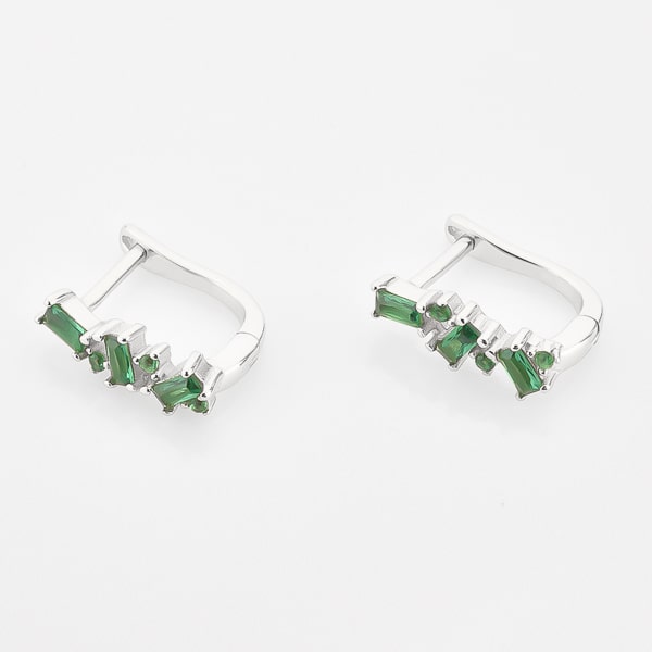Silver green crystal U hoop earrings detail