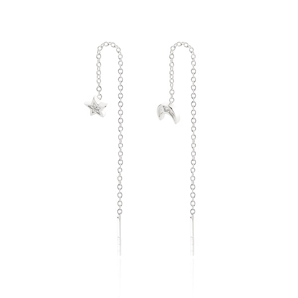 Silver moon and star threader earrings