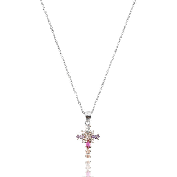 Silver multicolor crystal cross pendant necklace