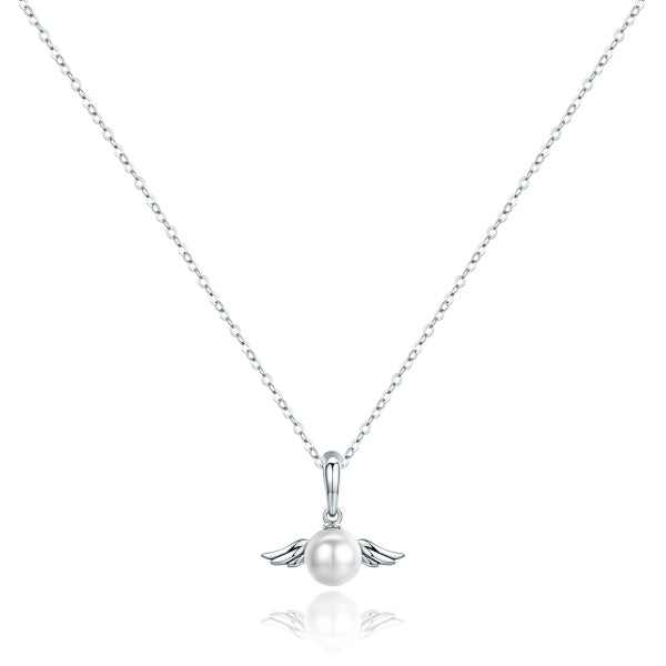 Silver necklace with a pendant displaying a pearl with angel wings