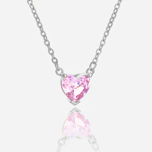 Silver pink crystal heart necklace details