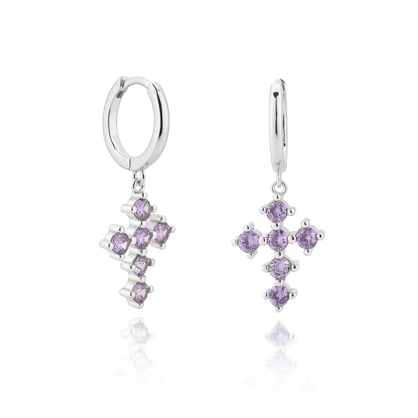Silver purple crystal cross hoop earrings