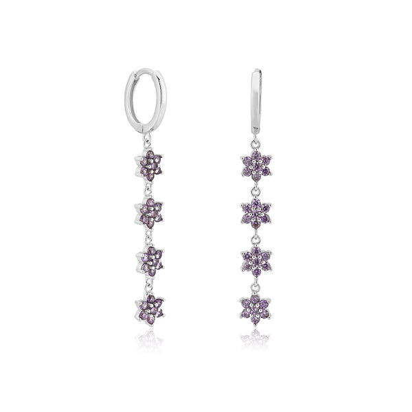 Silver purple crystal flower drop chain earrings