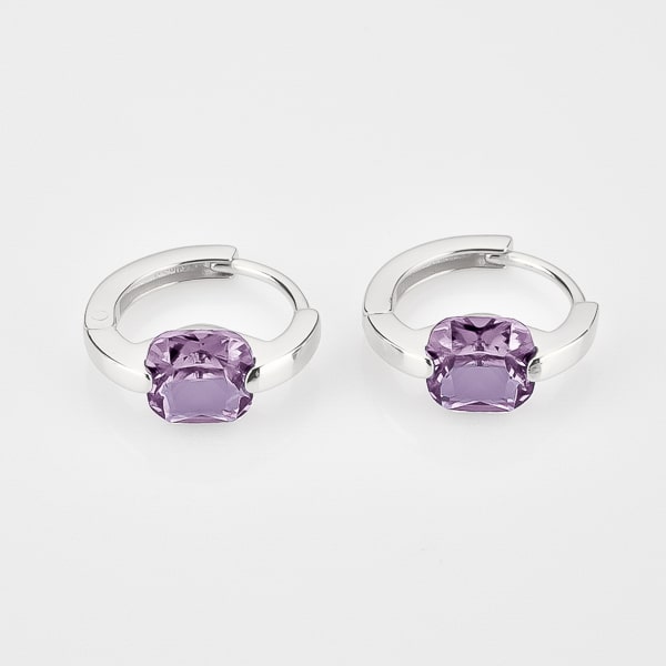 Silver purple cushion huggie hoop earrings details