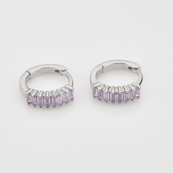 Silver purple emerald-cut crystal huggie earrings details