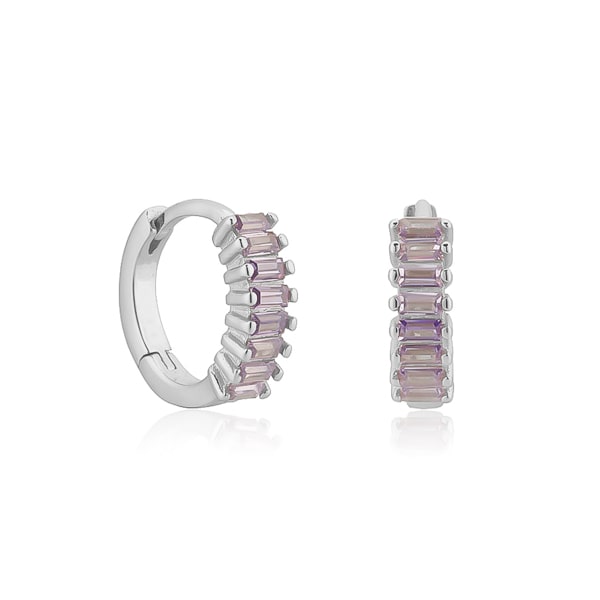 Silver purple emerald-cut crystal huggie earrings