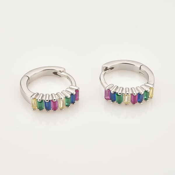 Silver rainbow emerald-cut crystal huggie earrings details