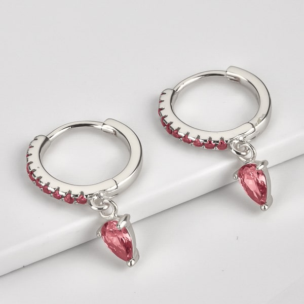 Silver red crystal huggie teardrop earrings details