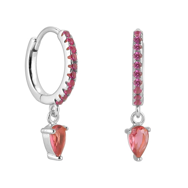 Silver red crystal huggie teardrop earrings