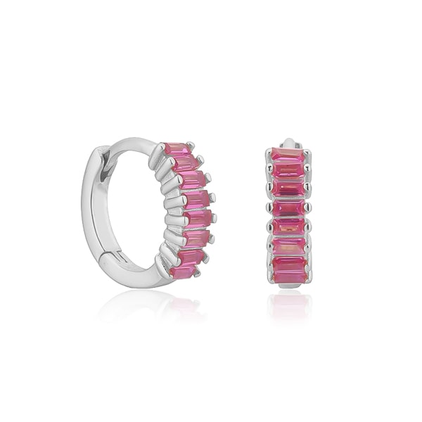 Silver rose red emerald-cut crystal huggie earrings