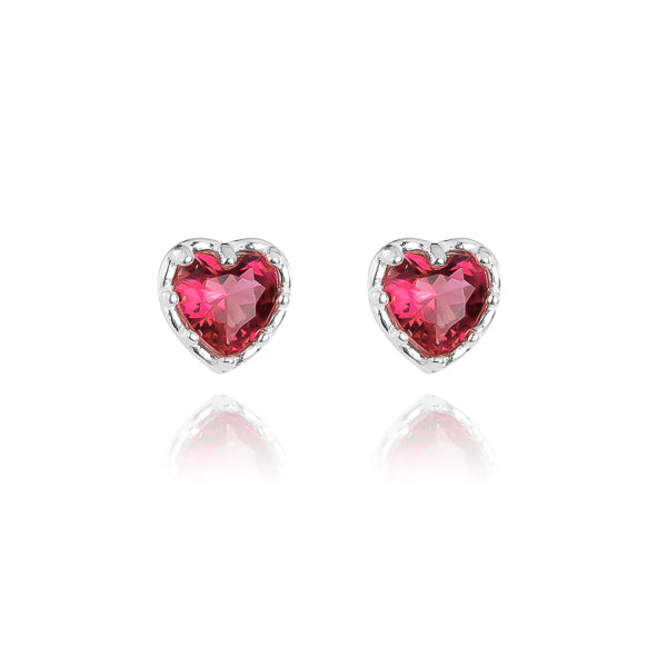 Silver ruby red crystal heart stud earrings