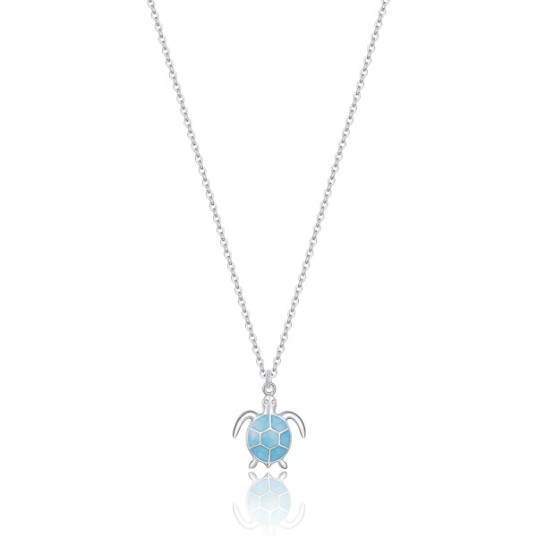 Blue sea turtle pendant on a silver necklace
