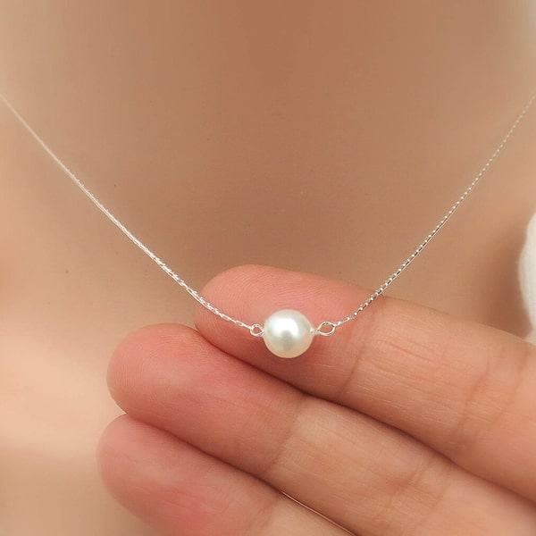Silver chain choker necklace with one 4mm freshwater pearl close up details