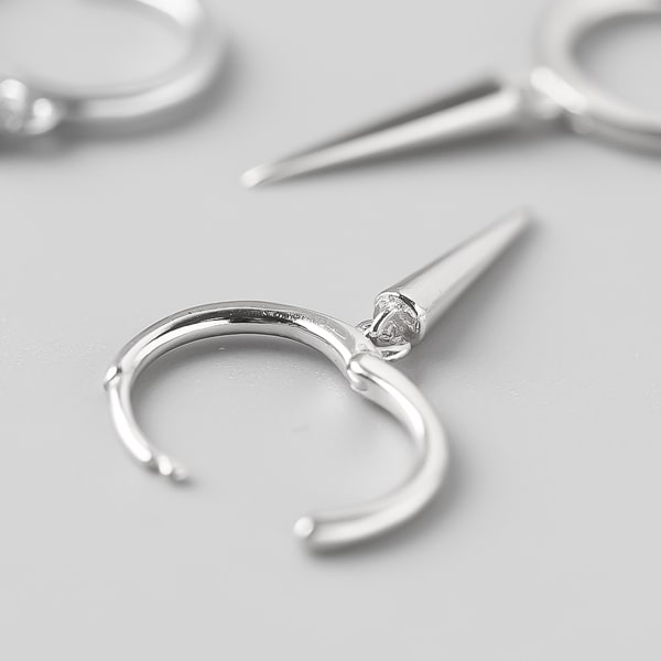 Silver single spike hoop earrings details