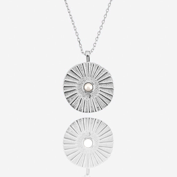 Silver sunrise coin necklace details