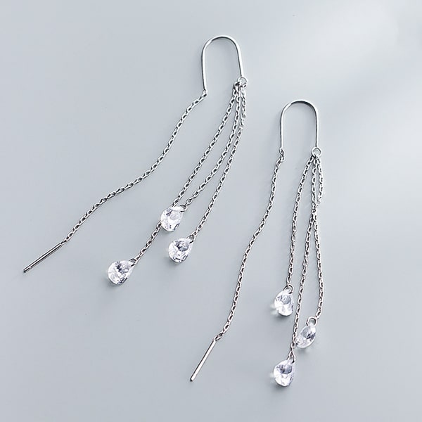 Silver teardrop crystal threader earrings detail