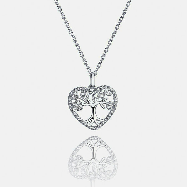 Details of the silver tree of life heart pendant necklace