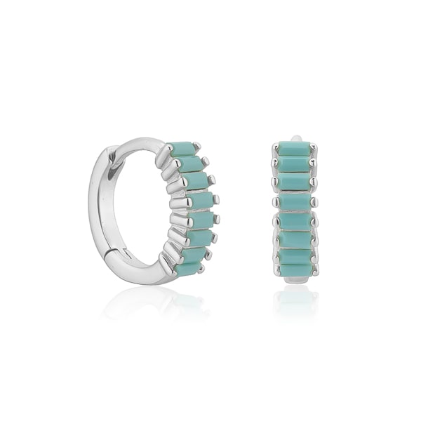 Silver turquoise emerald-cut crystal huggie earrings