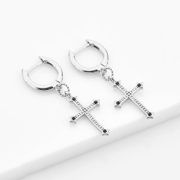 Silver vintage cross huggie hoop earrings details