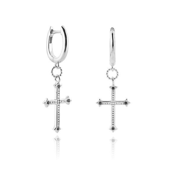 Silver vintage cross huggie hoop earrings