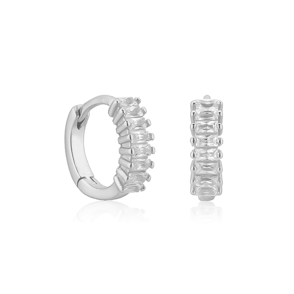 Silver white emerald-cut crystal huggie earrings