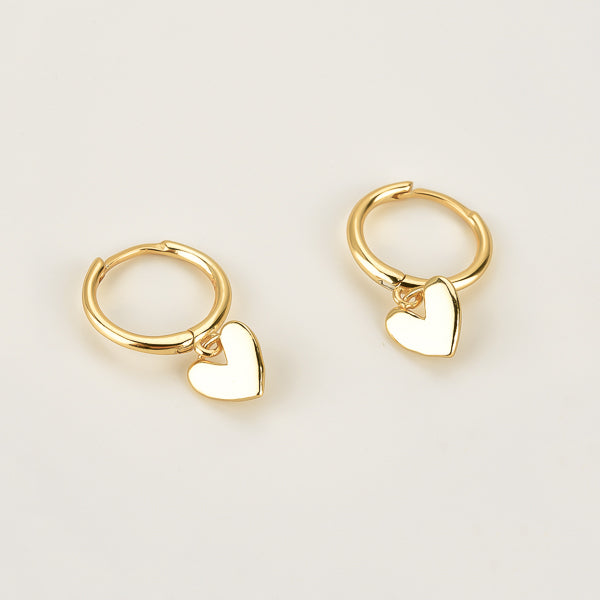 Simple gold heart huggie hoop drop earrings details