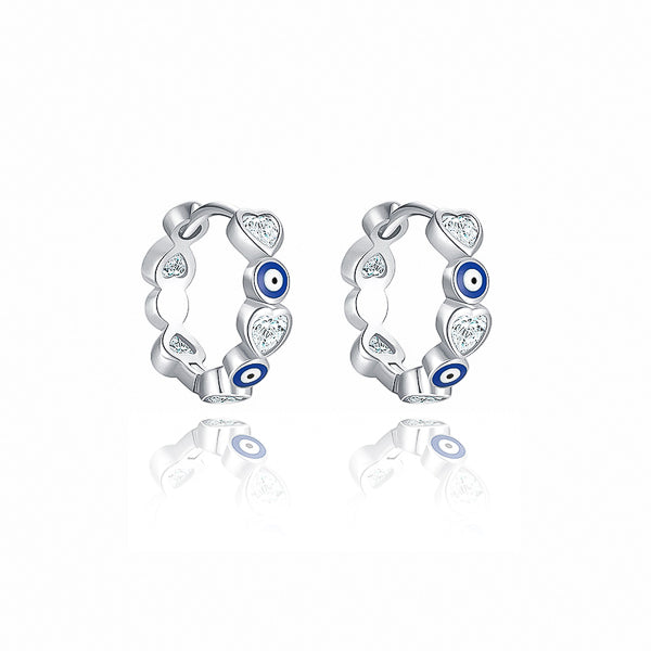 Small evil eye hoop earrings with heart-shaped crystals