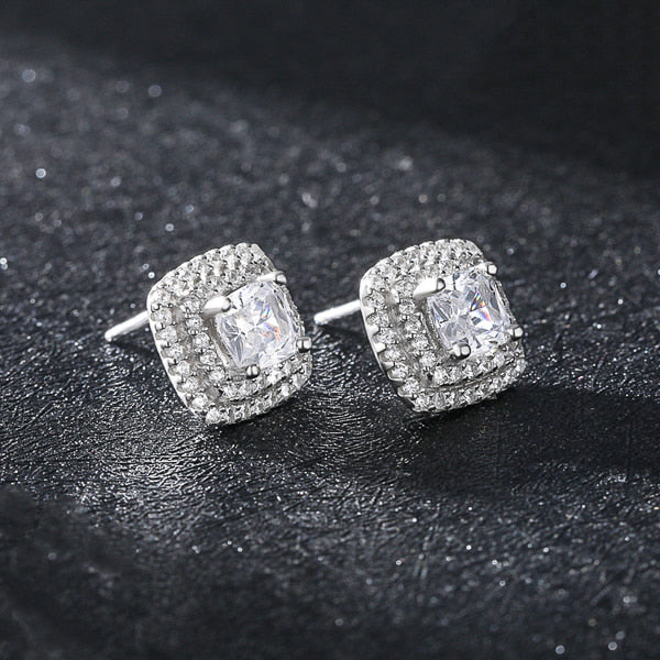Sterling silver square cubic zirconia halo stud earrings