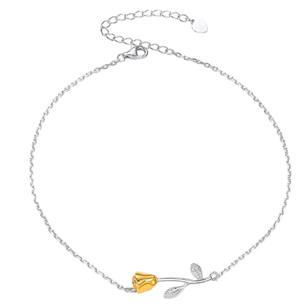 Sterling silver rose anklet with golden leaves