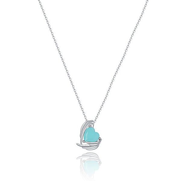Turquoise crystal heart and angel wings pendant on a silver chain