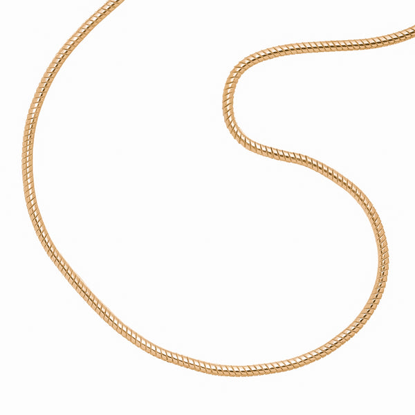 Closeup image of the waterproof 1.5mm gold snake chain necklace
