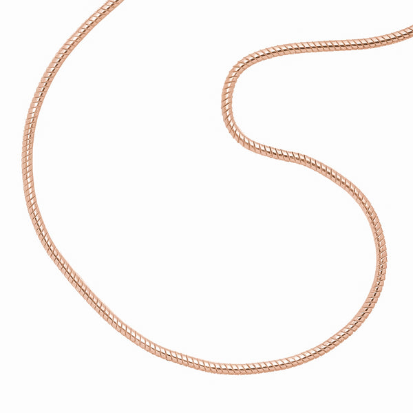 Closeup image of the waterproof 1.5mm rose gold snake chain necklace