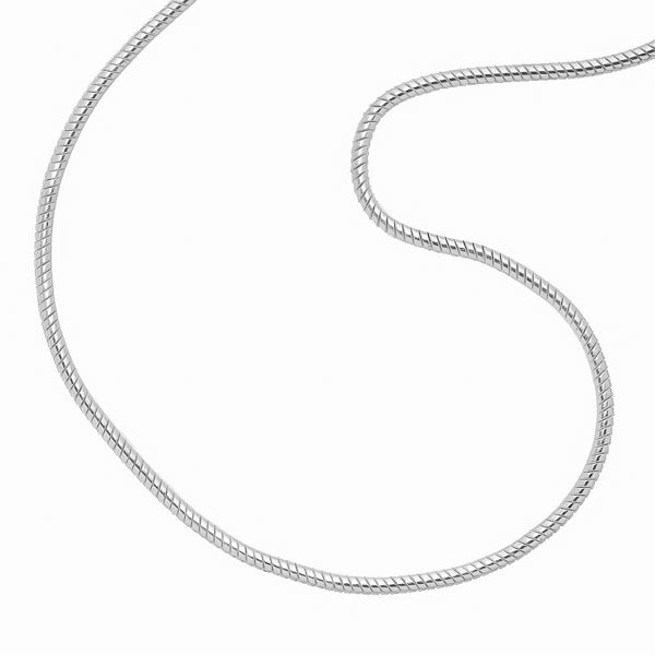 Closeup image of the waterproof 1mm silver snake chain necklace