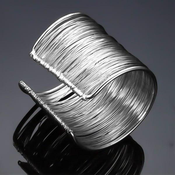 Wide large silver wire open cuff bracelet