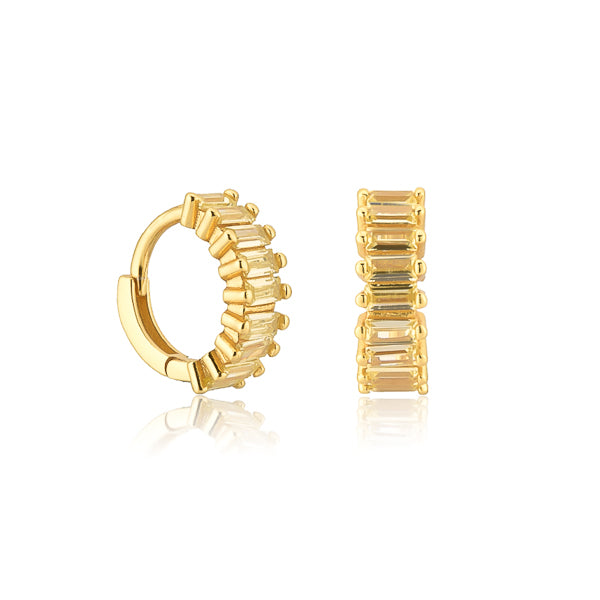 Small gold hoop earrings with yellow rectangle emerald-cut cubic zirconia stones