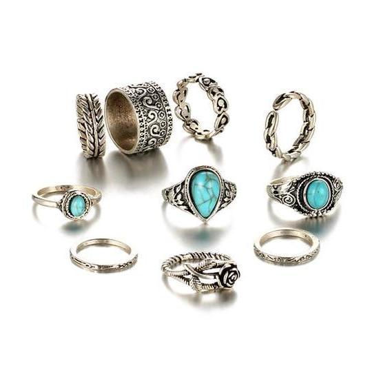 Classy Women Turquoise Ring Set (10 pieces) | Ring - Classy Women Collection