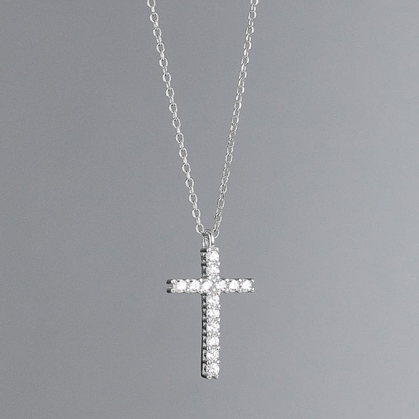 Silver crystal cross pendant necklace details
