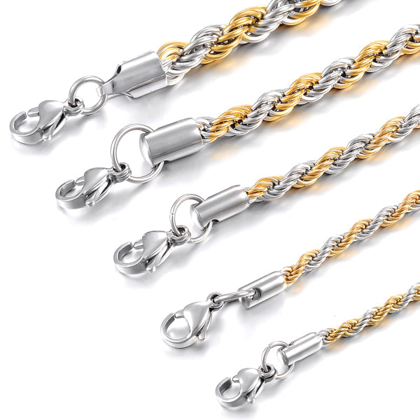 2mm twisted two-tone silver and gold rope chain necklace details