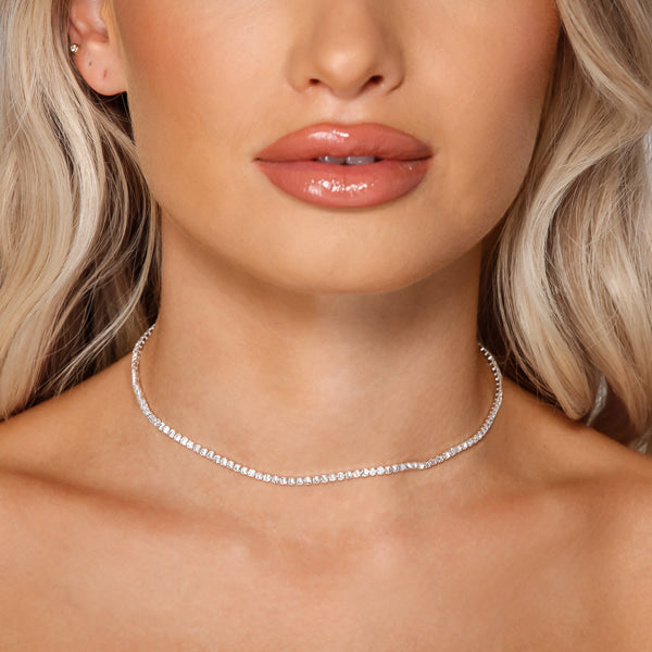 Woman wearing 3mm silver round tennis choker necklace