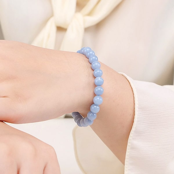 Beaded Angelite bracelet on a woman's wrist