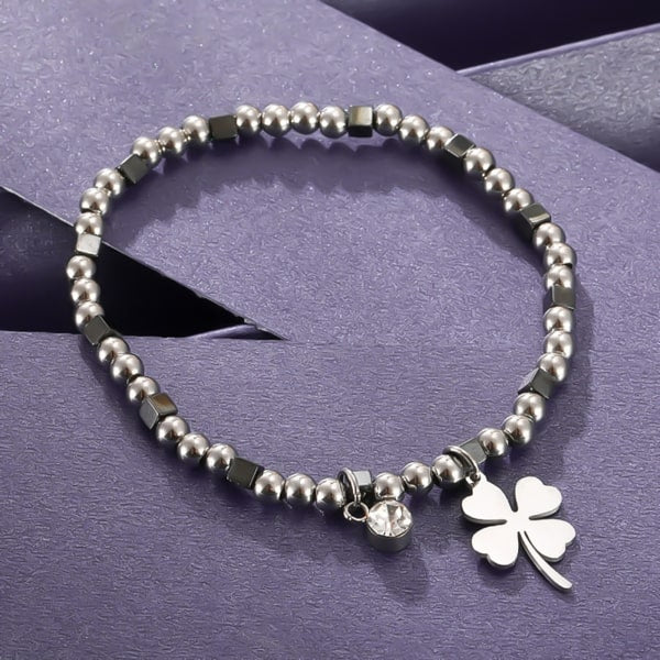 Waterproof four-leaf clover lucky charm bracelet made of silver-toned stainless steel beads