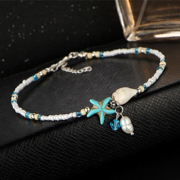 Beaded Ocean Anklet With Seashell, Starfish & Pearl Beads
