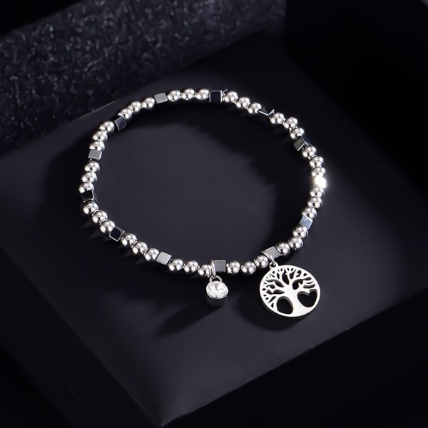 Waterproof tree of life bracelet made of silver-toned stainless steel beads