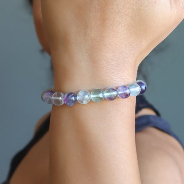 Beaded fluorite bracelet on a woman's wrist
