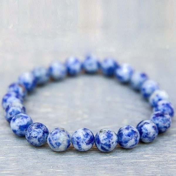 Beaded light sky blue sodalite bracelet close up