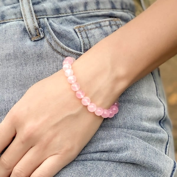 Beaded rubellite pink tourmaline bracelet on a woman's wrist
