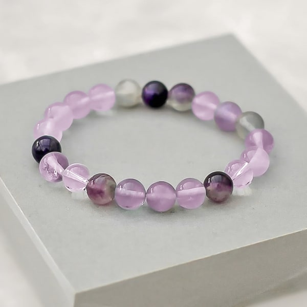 Beaded violet fluorite bracelet close up details