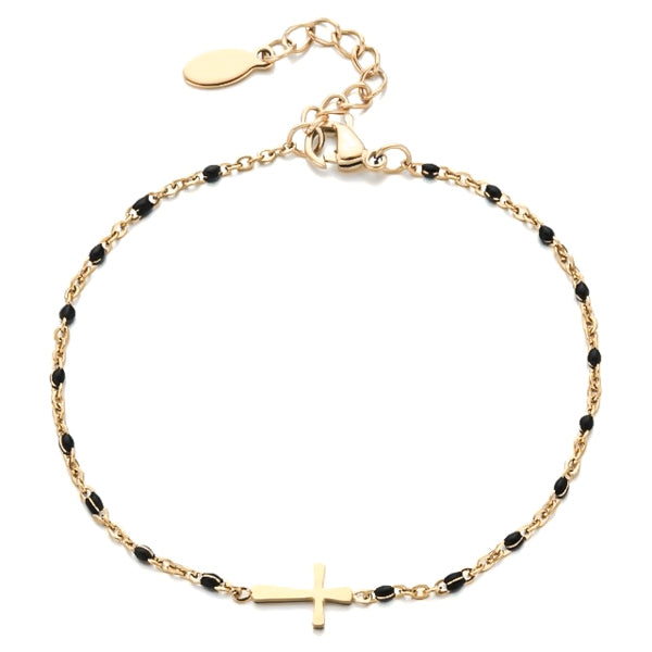 Gold cross bracelet with black beads