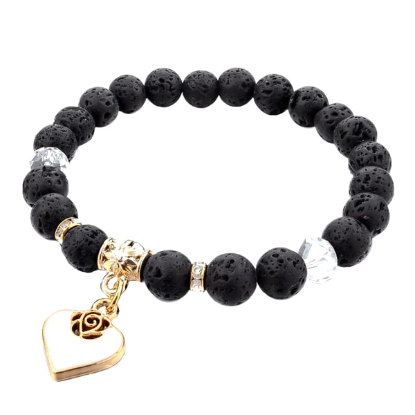Beaded black lava stone bracelet with a gold heart charm